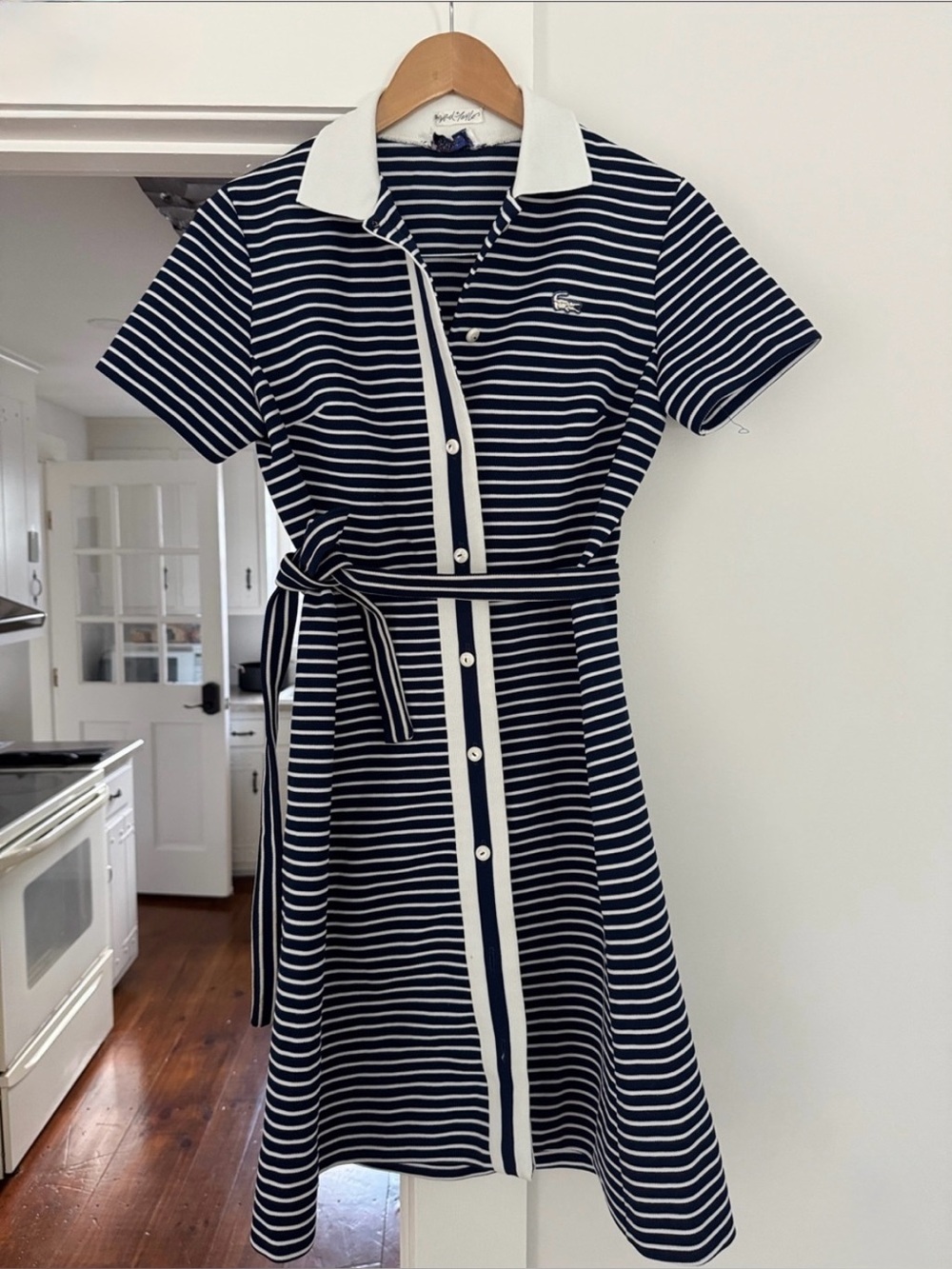 Vintage 1970s Lacoste Navy & White Button Stripe Tennis Shift Dress w/ Belt